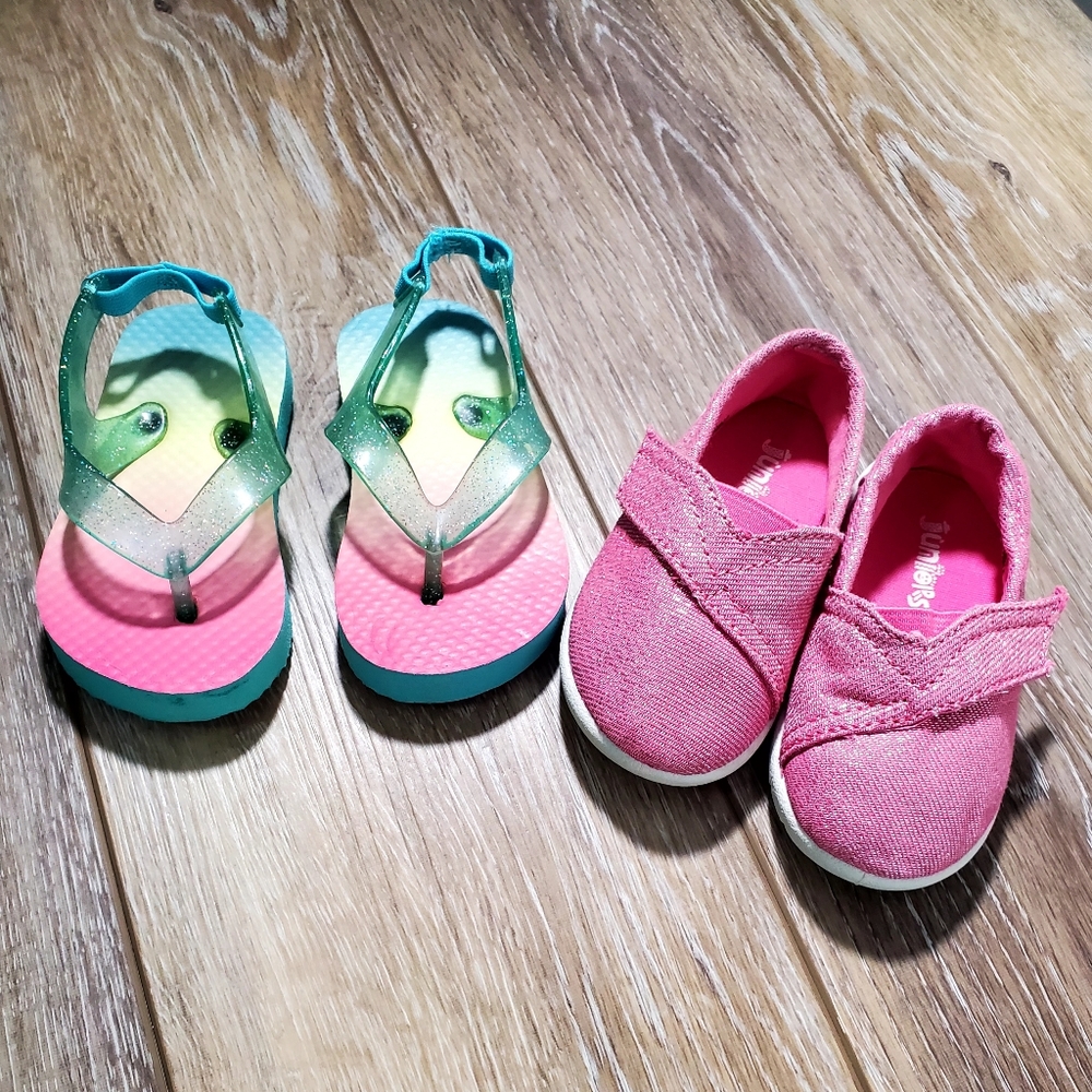 2 Pr. Kids Shoes, Pink Slip Ons, Aqua And Pink Flip Flops Sandals Size 5